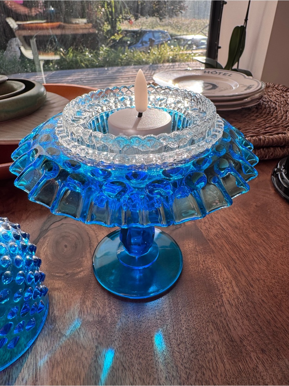 VINTAGE Antique Fenton Colonial Blue Hobnail 3 Piece Pedestal Fairy Lamp - Picture 10 of 12